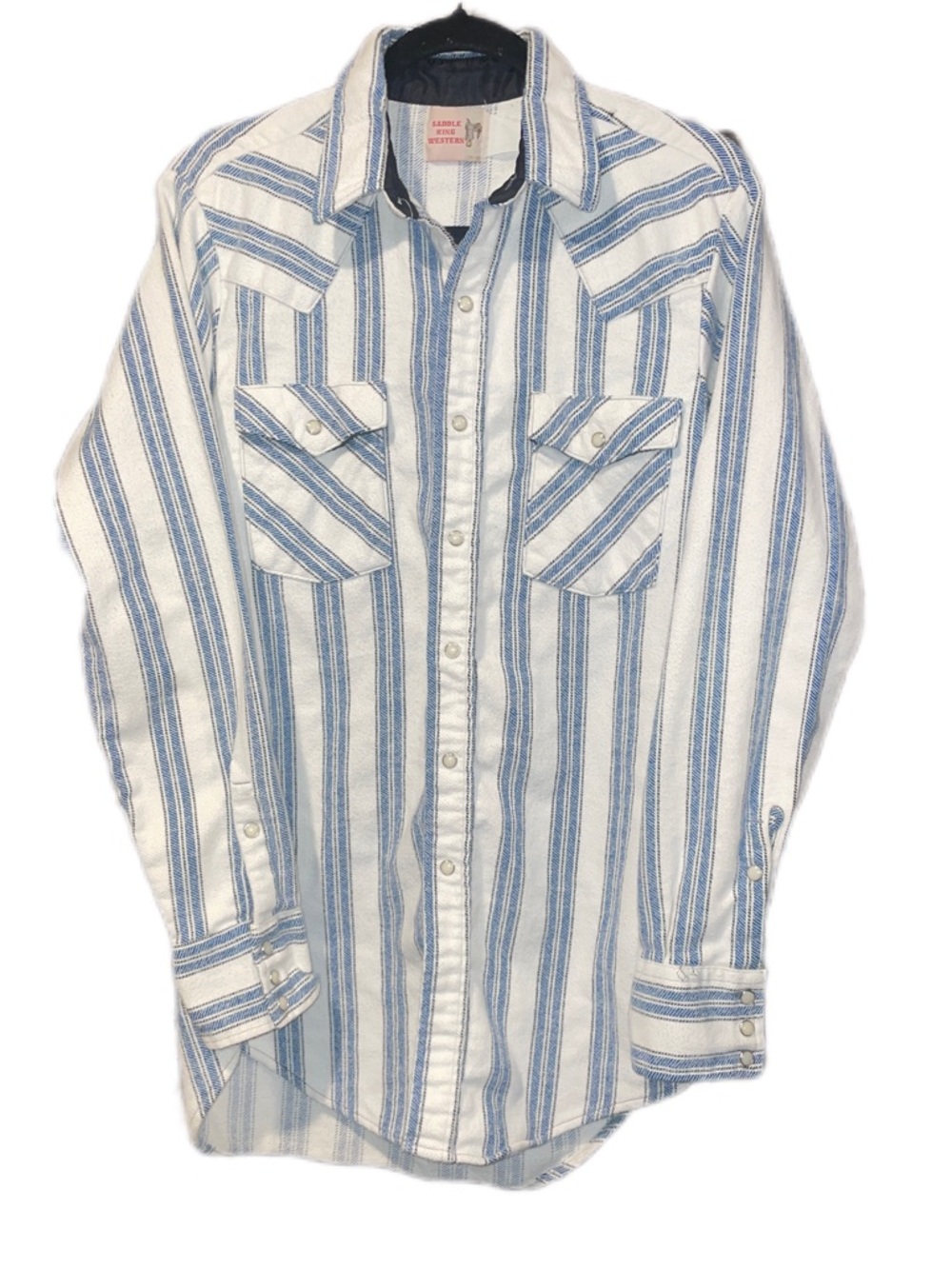 Vintage Saddle King Western Pearl Snap Shirt Blue Stripe L Workwear Cowboy